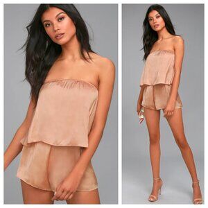 Lulus Catia Satin Blush Pink Strapless Layered Tiered Romper